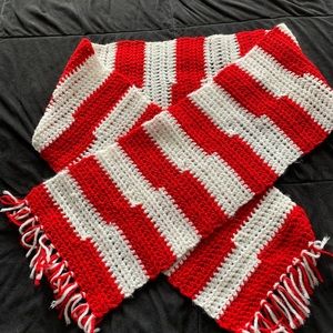 Hand crocheted red and white scarf